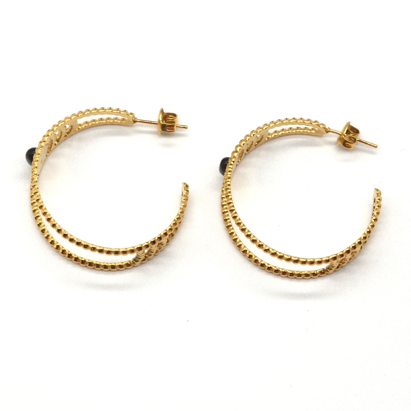 Gold hoop earrings, C-shaped hoop earrings, black agate, female sensitive ears, hypoallergenic jewelry, China Ruifanbao jewelry processing factory