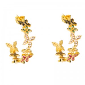 European and American fashion female earrings wild C-shaped butterfly inlaid colorful zircon brass earrings flowers