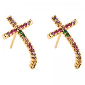 European and American trend wind cross earrings brass plated real gold micro-inlaid colored diamonds rainbow series net red earrings women wholesale