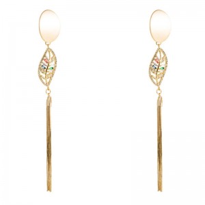 European and American fashion trend earrings, female popular earrings, copper micro-inlaid zircon long tassel leaf earrings