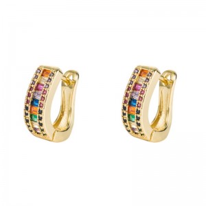ins European and American color-preserving electroplated brass micro-inlaid color zircon earrings U-shaped geometric full diamond earrings ear buckle women