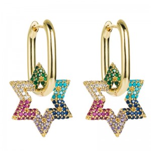 European and American fashion creative six-pointed star flower-shaped earrings gold-plated copper micro-inlaid color zircon all-match earrings