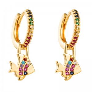 European and American fashion earrings rainbow series small fish shape earrings earrings brass gold-plated micro-inlaid color zircon earrings